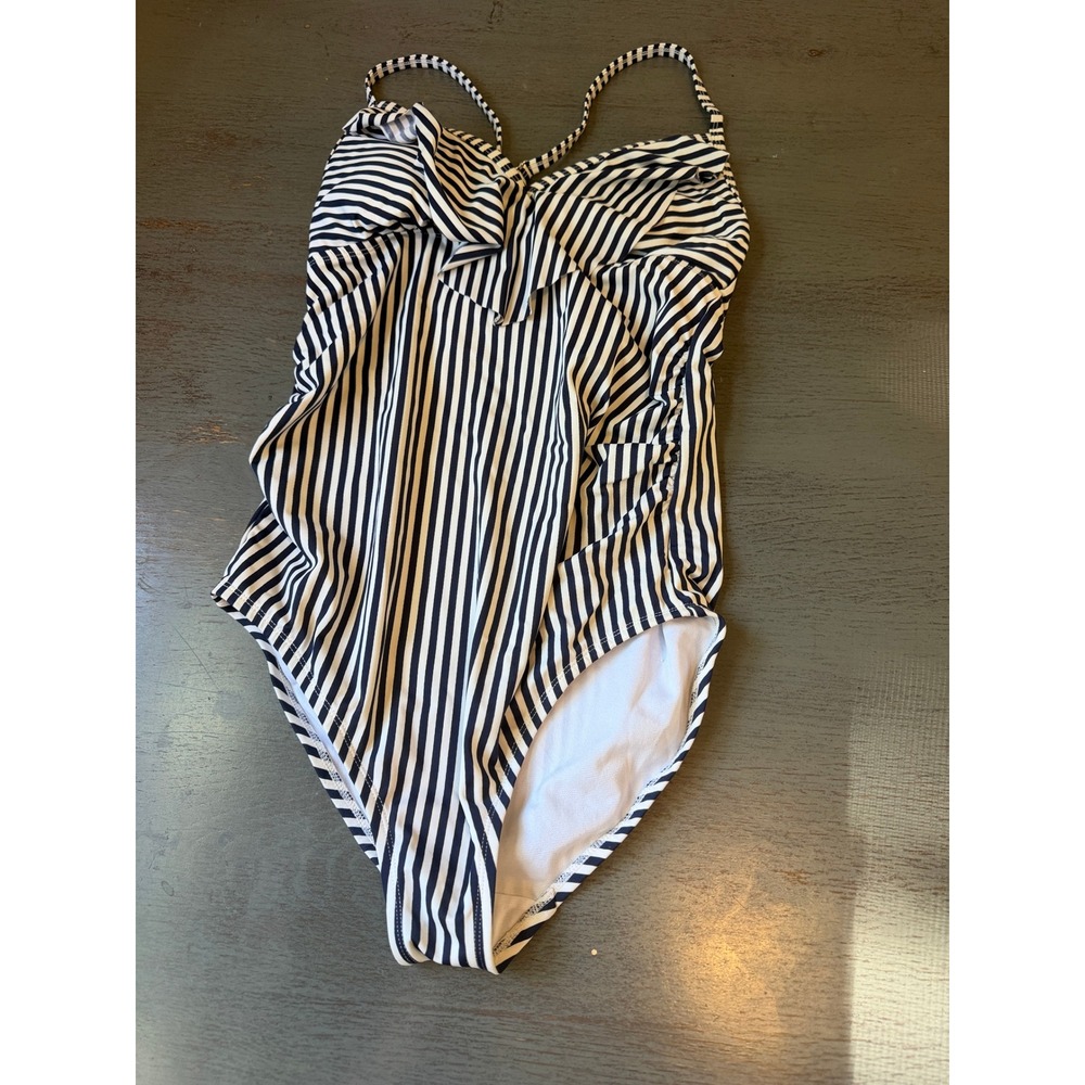 Isabel Maternity Navy White Striped Ruffle One Piece Swimsuit Small